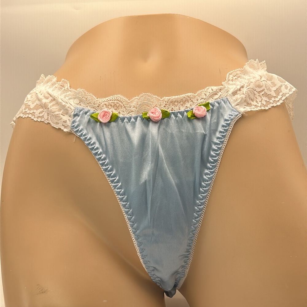 Coquette Girlie Blue Silky Satin Lace & Rosette Trim Feminine Thong Panties NWT - Picture 7 of 15